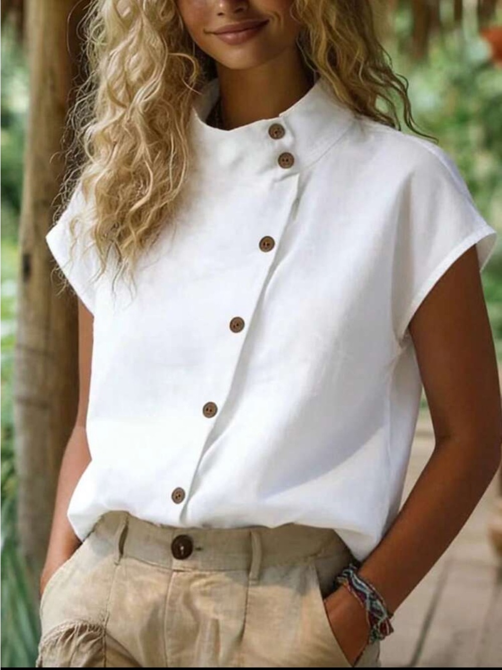 Classic White Stand Collar Cap Sleeve Blouse Top Button Down UP Shirt
